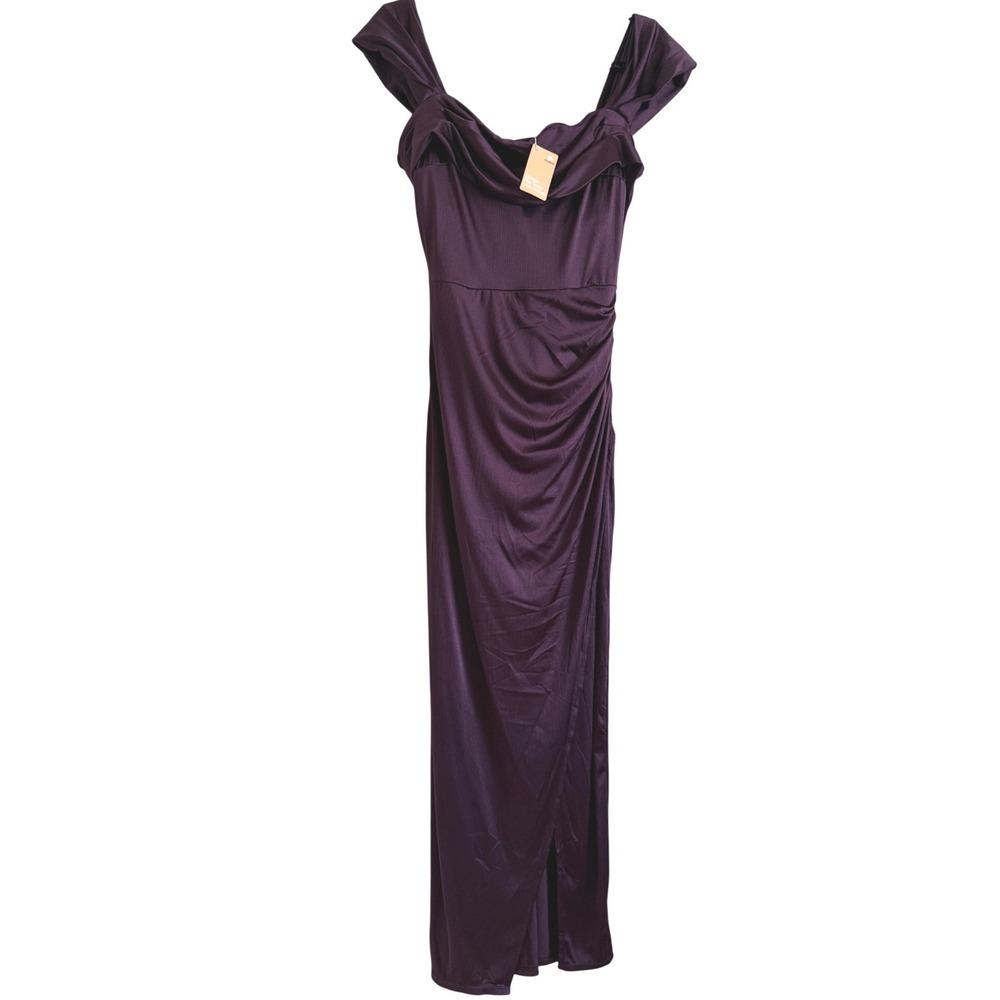 NEW Popilush Off Shoulder Shine Ruched Sculpting Maxi Dress Deep Purple Large
